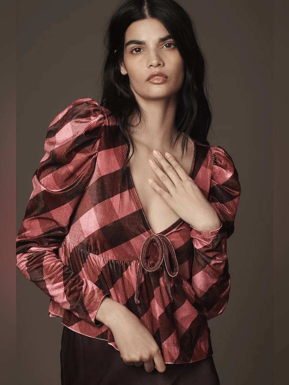 Anthropologie Maeve Velvet Plaid V-Neck Babydoll Bow Long Sleeve Top
